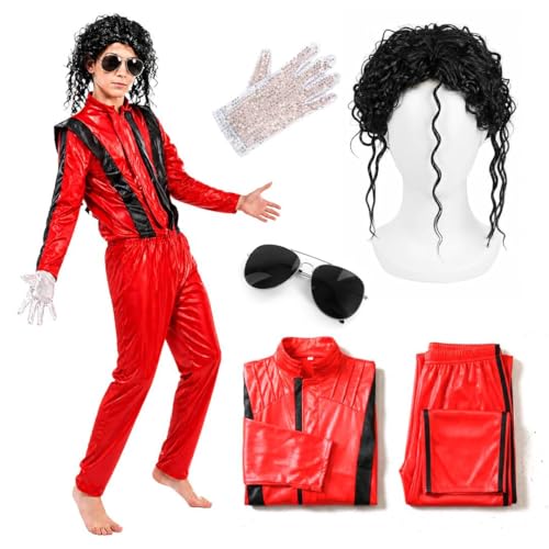 Kids 80s Pop Star Red Thriller Style Costume Set - Iconic Red Jacket and Trousers with Curly Black Wig Aviator Glasses and Single Silver Sequin Glove - Childrens 1980s Music Video Fancy Dress Outfit