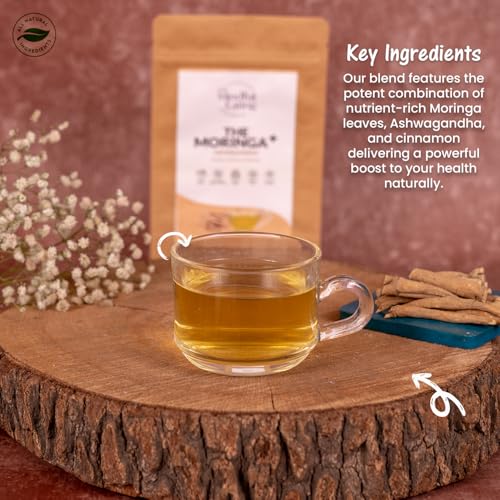 Image of Mindful Eating Pure Moringa Leaves Tea Blended with Ashwagandha - Herbal Tea, Natural Ingredients, Dried Drumstick Tree Leaves, Immunity Booster, Caffeine-free, 70g