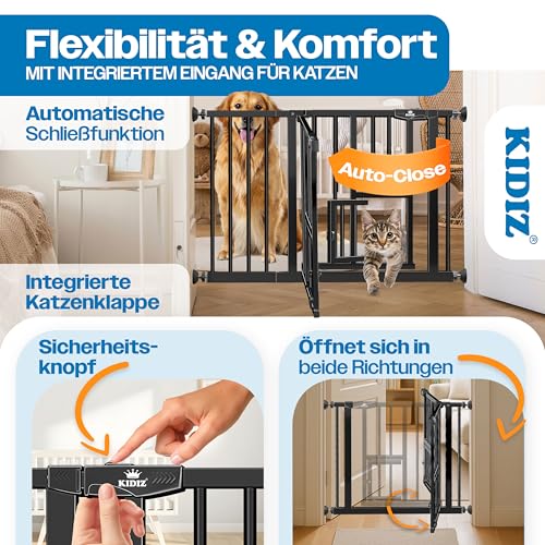 KIDIZ Absperrgitter zum Klemmen mit Katzenklappe, Türschutzgitter, Autoclose Kinder Treppengitter ohne Bohren | 90° Stopp Schutz, schwenkbar, Treppenschutzgitter, Schwarz, Breite: 81-87 cm