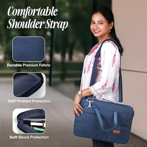 Image of Protecta Grace Office Laptop Messenger Bag for Men and Women Canvas Look Laptop Briefcase Water Repellent Padded Laptop Messenger Sleeve Bag 15.6 Inch Ideal for Office & Work in Color Blue