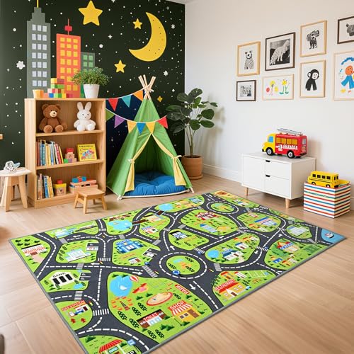 B BENRON Kids Car Play Rugs - 36'x60' Learning and Fun City Road Map Play Mat for Playing with Cars Trucks, Non-Slip Playmat for Nursery, Playroom Bedroom and Classroom, Machine Washable