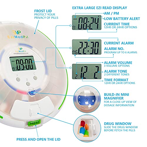 EziMedPil Automatic Pill Dispenser with Alarm, Sound & Light, up to 6 Alarms/Day, 6 Dosage Templates, Easy-Read Display, Frosted Lid & Locked 28-Day Medication Dispenser for Protecting Pills Privacy - Image 5