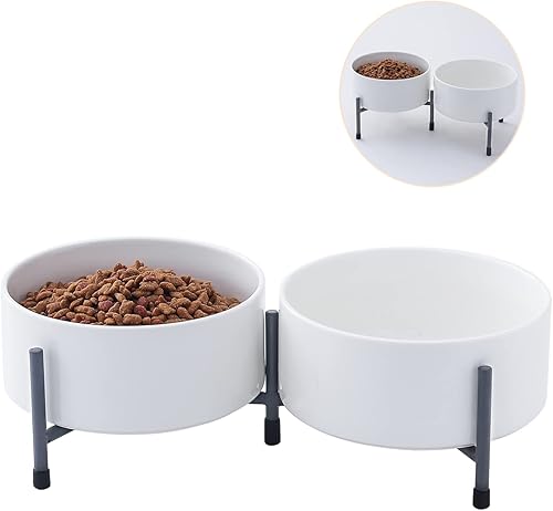 WUHOSTAM Juego de platos de cerámica de 6 pulgadas para gatos y perros con soporte de metal para alimentos y agua, alimentador de agua de alimentos