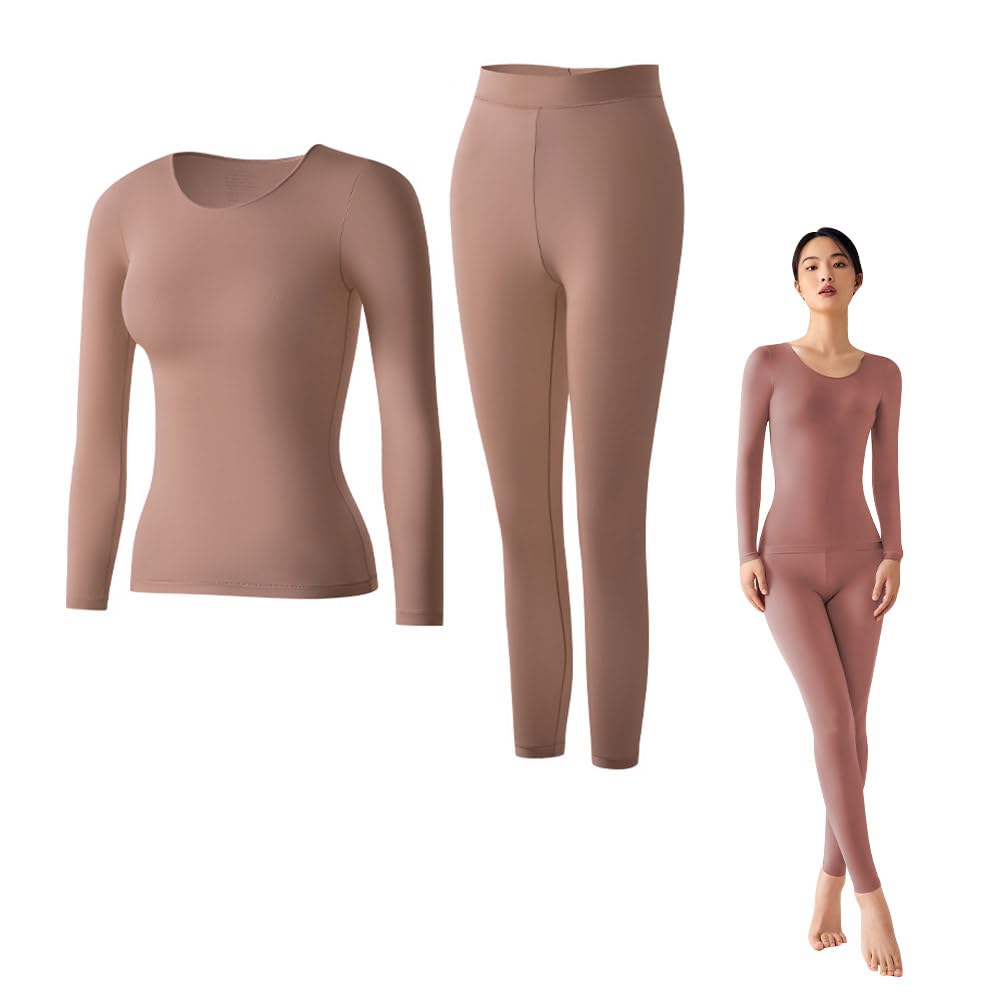 Women's Thermal Underwear Set Long Johns Thermal Underwear for Women Base Layer Lightweight Thermals Crew Neck High Elasticity Thermal Underwear Pajamas Set (Bean Sand Colour, L)