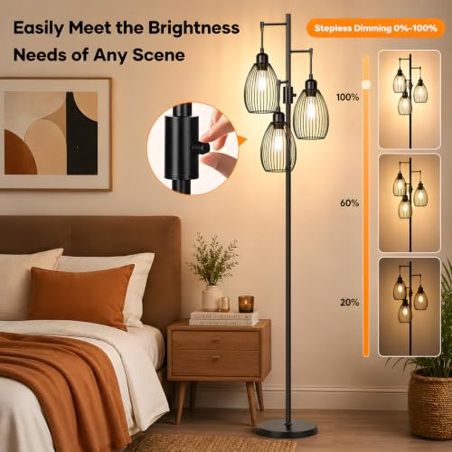 Image of Dimmable Floor Lamp, 3 x 800LM LED Edison Bulbs Included, Farmhouse Industrial Floor Lamp Standing Tree Lamp with Elegant Teardrop Cage Tall Lamps for Living Room Bedroom Office Dining Room-Black