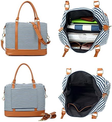 Women Ladies Canvas Weekender Bag Overnight Carry-on Tote Duffel in Trolley Handle (Blue Stripe) 4 Women Ladies Canvas Weekender Bag Overnight Carry-on Tote Duffel in Trolley Handle (Blue Stripe)