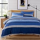 Olivia Rocco Easy Care Printed Duvet Cover Set 100% Polyester Breathable Stylish Comforter Reversible Quilted Bedding Bed Sets With Pillowcases HARLOW STRIPES DUVET SET, BLUE DOUBLE
