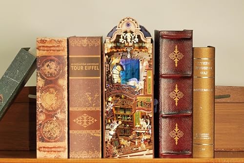 Image of Tonecheer DIY Book Nook Kit for Adults, 3D Wooden Puzzle Bookend Miniature House Kit, Booknook Bookshelf Insert Decor with Dust Cover and LED Lights Gifts (Magical Library)