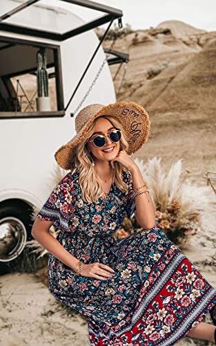 Image of PRETTYGARDEN Women's Casual Summer Boho Floral Print Dress V Neck Short Sleeve High Waist Long Maxi Beach Dresses