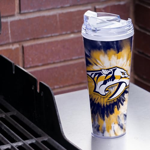 Image of Rico Industries NHL Hockey Team Color Tie Dye 24oz Metallic Acrylic Tumbler with Hinged Lid, Officially Licensed Double Wall Tumbler with Straw