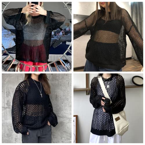 Image of Women Y2K Crochet Knit Hollow Out Blouse Top Sweater Fishnet Long Sleeve Oversized Pullovers T Shirt