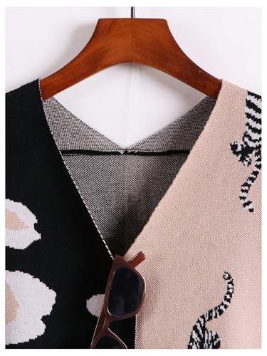 Image of WDIRARA Women's Leopard Tiger Print Cardigan V Neck Long Sleeve Color Block Button Down Sweater Outwear