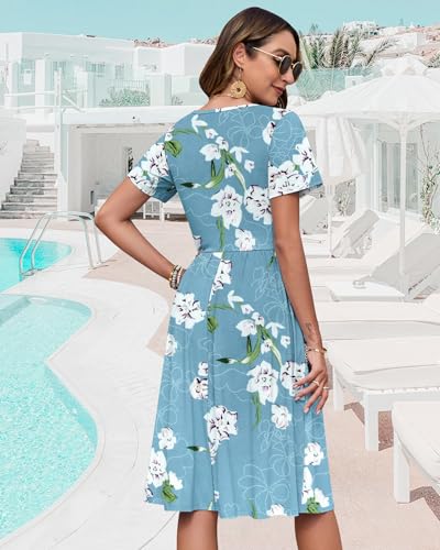 Image of WNEEDU Women V Neck Button Down Empire Waist Midi Summer Dress with Pockets