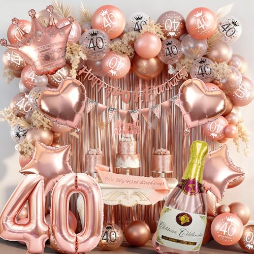 Rose Gold 40th Birthday Decoration for Women - Happy 40th Birthday Banner Triangle Flag Banner Number 40 Balloons Foil Curtains for Party Decorations