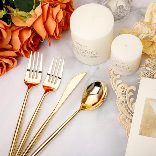 Rubtlamp 180Pcs Gold Plastic Silverware,Luxury Gold Plastic Cutlery,Heavy duty Golden Disposable Flatware, Utensils Set Disposable Include 60Gold Forks,60Gold Spoons,60Plastic Knives for Party,Wedding by Rubtlamp - Image 5