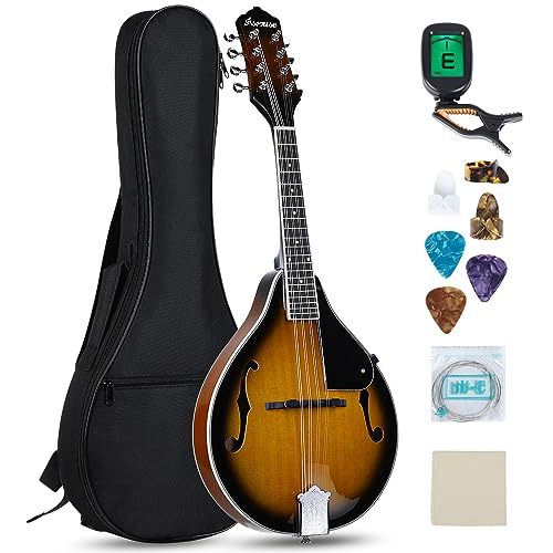 Asmuse A style Mandolins Instruments, Mahogany Wood Mandolins with Tuner Strings Gig Bag Strap Picks...