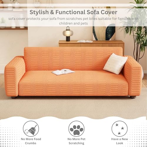 Image of Lukzer 2 Seater Pastel Orange Dotted Stripe Pattern Sofa Cover | 240 GSM Universal Stretch Fit Jacquard Fabric Couch Protector | Fully Covered Anti Slip & Washable Sofa Cover (SC-069-02 /140-180cm)