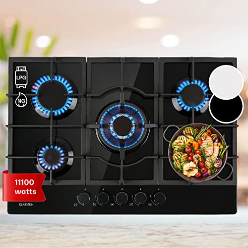 Klarstein Tables de Cuisson à Gaz, Plaque de Cuisson Gaz à 5 Brûleurs, Table de Cuisson Encastrable à 5 Feux de 11100W, Cuisiniere Gaz, Gaziniere Gaz avec Brûleurs en Acier Inoxydable, Cuisinières GPL