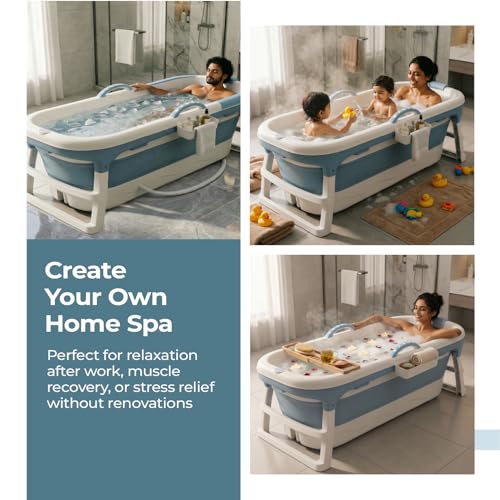 Image of Lifelong Bath Tub for Adults & Kids | Foldable & Large Bathtub for Bathroom with Temperature Meter, Massage Rollers, etc | Ideal for Steam Bath & Spa for Home | Comes with Laptop & iPad Holder