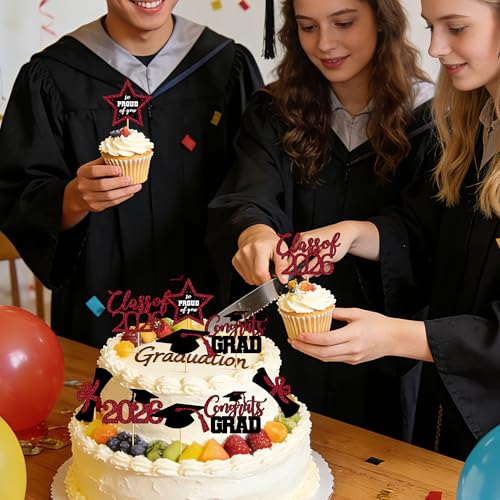 Image of 48 PCS Graduation Cupcake Toppers 2026, 6 Styles Grad Cake Topper, Congrats Graduation Decorations, Black and Burgundy Glittery Cap and Diploma Cake Picks for Grad Party Decor Supplies