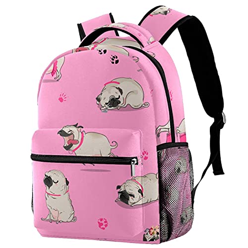 Sac à dos de voyage rose à motif patte de carlin pour fille et garçon