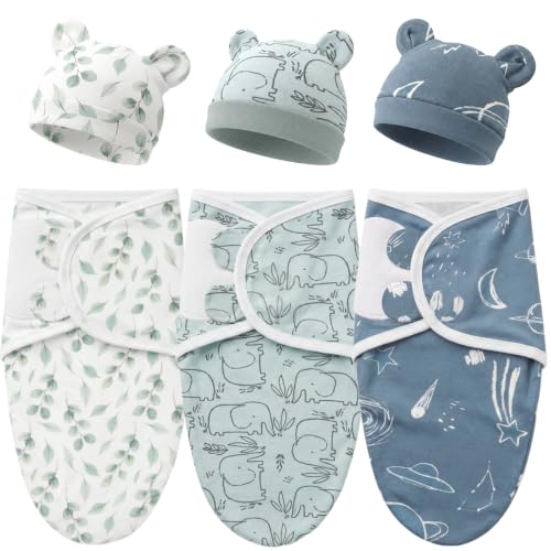 Image of DRESHOW BQUBO 3 Pack Newborn Baby Swaddle Blanket with Hats Infant Adjustable Velcro Swaddling Wraps with Bear Ears Cap for 6-12 Lbs Newborns & 0-3 Months Girls Boys