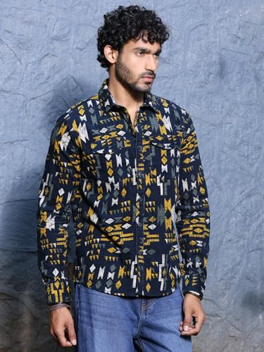 Image of Thomas Scott Men Slim Fit Pure Cotton Corduroy Floral Printed Semi-Formal Shirt