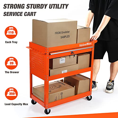 Valuemax Tool Cart On Wheels - 3 Tier Rolling With Utility Drawer, Orange General Tool Cart For Mechanics, Garage, Warehouse, Workshop, 350 Lbs Capacity #TOP1