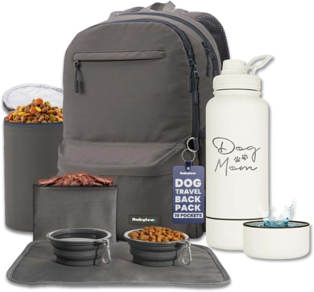 Rubyloo The Original Doggy Bag Backpack (Dark Grey) & 32 oz Insulated Water Bottle with Attached 8 oz Bowl (Dog Mom) – Dog Travel Backpack & Hydration Set