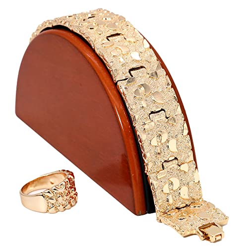 Nugget Ring & Bracelet 25mm Rugged 14k Gold Plated Yellow Pinky Pimp Finger/Wrist Hip Hop Style For Man or Women lifetime Fashion Jewelry