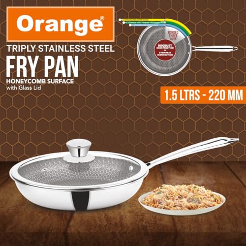 Image of Orange Triply Stainless Steel Honeycomb Fry Pan with Glass Lid 1.5L, 22cm | Scratch Resistant Non Stick Frying Pan with Long Handle | Gas top and Induction Bottom Friendly