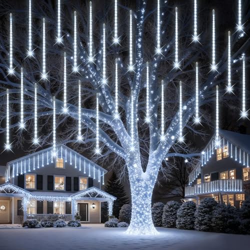 PEMOTech Meteorschauer Lichterkette Außen, 11.7m 15 Röhren 30CM 540 LEDs, Weihnachtsbeleuchtung Meteorschauer Lichterkette,Eiszapfen-Lichter für Weihnachtsdeko, Halloween, Hochzeitsfeier, weiß