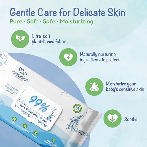 Image of Pure Water Baby Wipes (Pack of 72) | 99% Pure Water | With Chamomile Extract, Olive Oil & Vitamin E | Plant-Based, Biodegradable & Unscented | Safe for Newborns