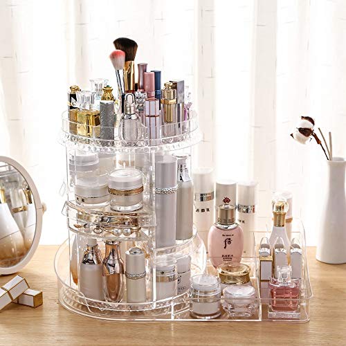 360° Rotating Makeup Organizer Adjustable Carousel Spinning Holder Storage Rack Large Capacity Make Up Caddy Shelf Cosmetics Organizer Box Best for Countertop -Clear
