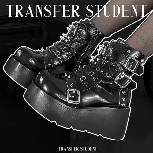 Women's Platform Gothic Ankle Booties With Adjust Studded Metal Buckle Fashion Y2k Zip Lace Up Wedge Thick Sole Punk Motorcycle Combat Short Boots4