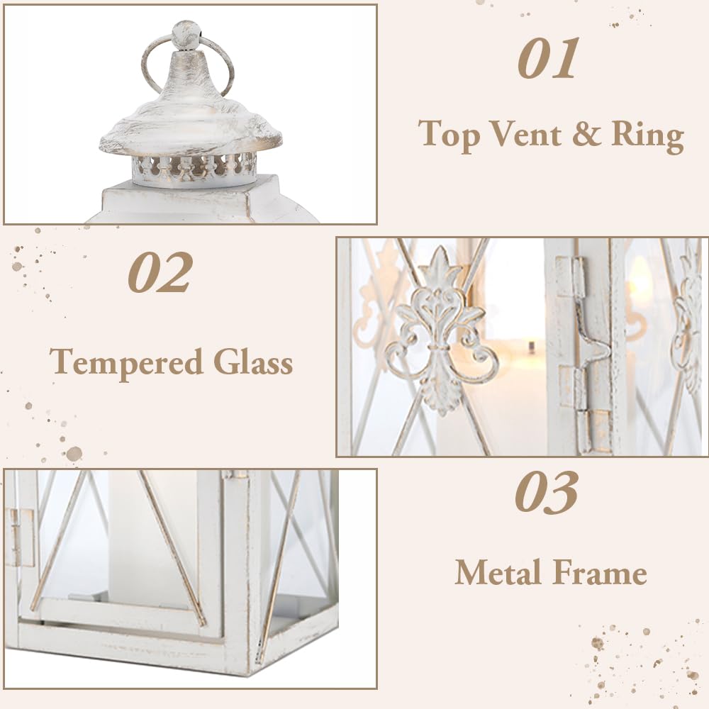 TRIROCKS Zestaw 2 wiszących lampionów w stylu vintage – 34 cm wysokości, dekoracyjny metalowy i hartowany świecznik, idealny na imprezy wewnątrz/na zewnątrz, patio, do ogrodu, na imprezy, białe i