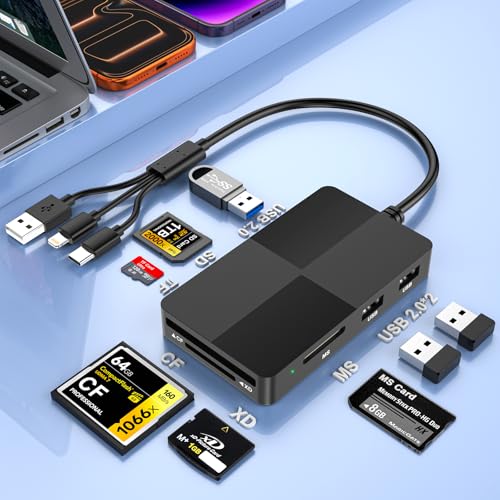 8en1 Lector de Tarjetas SD,USB-C + USB-A + Lightning Memory Stick Pro Duo Adaptador para SD/MS/TF/CF/XD/USB2.0,OTG lector de tarjetas de memoria múltiple para Windows/Mac/Linux/Android para Fotografía