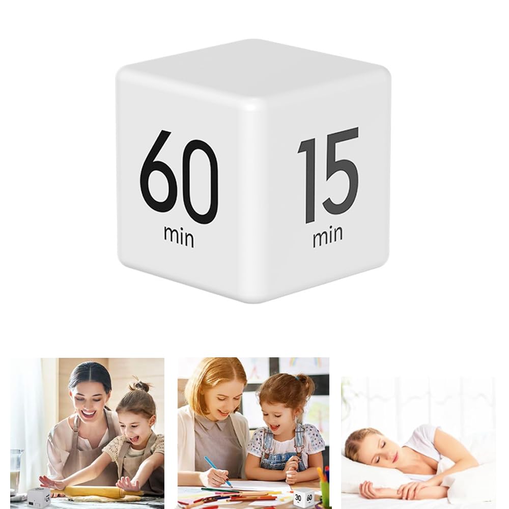 Amuer Cube Timer,Gravity Sensor Flip Digital Timer Countdown Timer Kitchen Timer Square Workout Timer Game Timer 15-20-30-60 Minutes for Kids Adults Time Management Timer for Studying Cooking-White