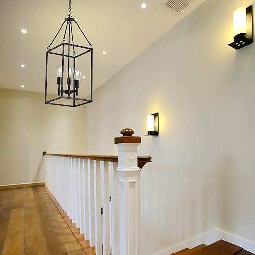 Miniatura 10 de Xilicon Candelabro clásico negro para vestíbulo, 5 luces, estilo granja, lámpara colgante de techo con pantallas de jaula cuadrada, accesorios para