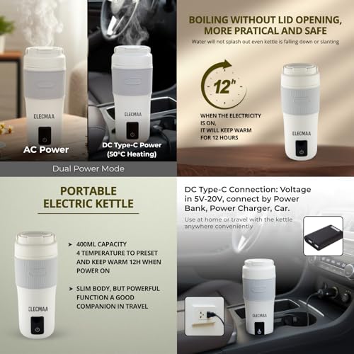 Image of Elecmaa2 in 1 Car Electric Kettle & Bottle for office, car,home and Travel 400ml | Ideal for Homes (220v) & Car, office 12-24V DC | 4 Temp & Digital Touch Ctrl | Ideal for baby milk