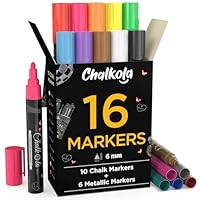 Liquid Chalk Pens & Metallic Colors - Pack of 16 Chalk Markers - for Chalkboard, Blackboards, Window, Glass, Bistro | 6mm Reversible Bullet & Chisel Tip Erasable Ink