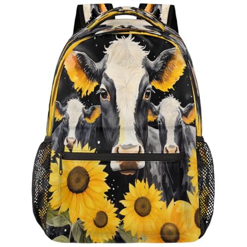 Retro Sunflower Cow Floral Kids Backpack, Lightweight School Bookbag Large Capacity Laptop Backpack Water Resistant Daypack Shoulder Bag for Teenager Boys Girls