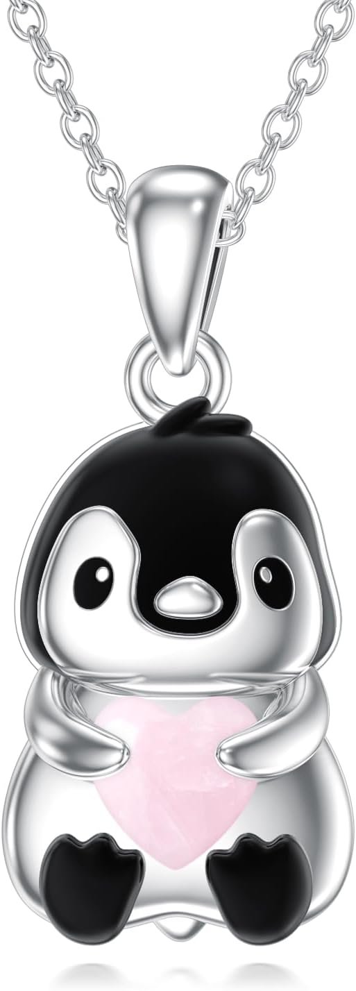 Natural Rose Quartz Penguin Pendant Necklace for Women 925 Sterling Silver Genuine Rose Quartz Jewelry Gifts