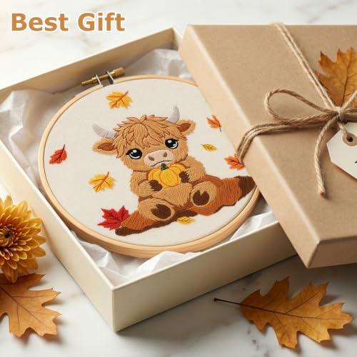 Image of Louise Maelys Highland Cow Embroidery Kit for Beginners(Autumn | Cross Stitch Kit for Adults,Stamped Pattern, Complete Easy Needlepoint Kit, Easy Craft Thankgiving Gift And Room Decor