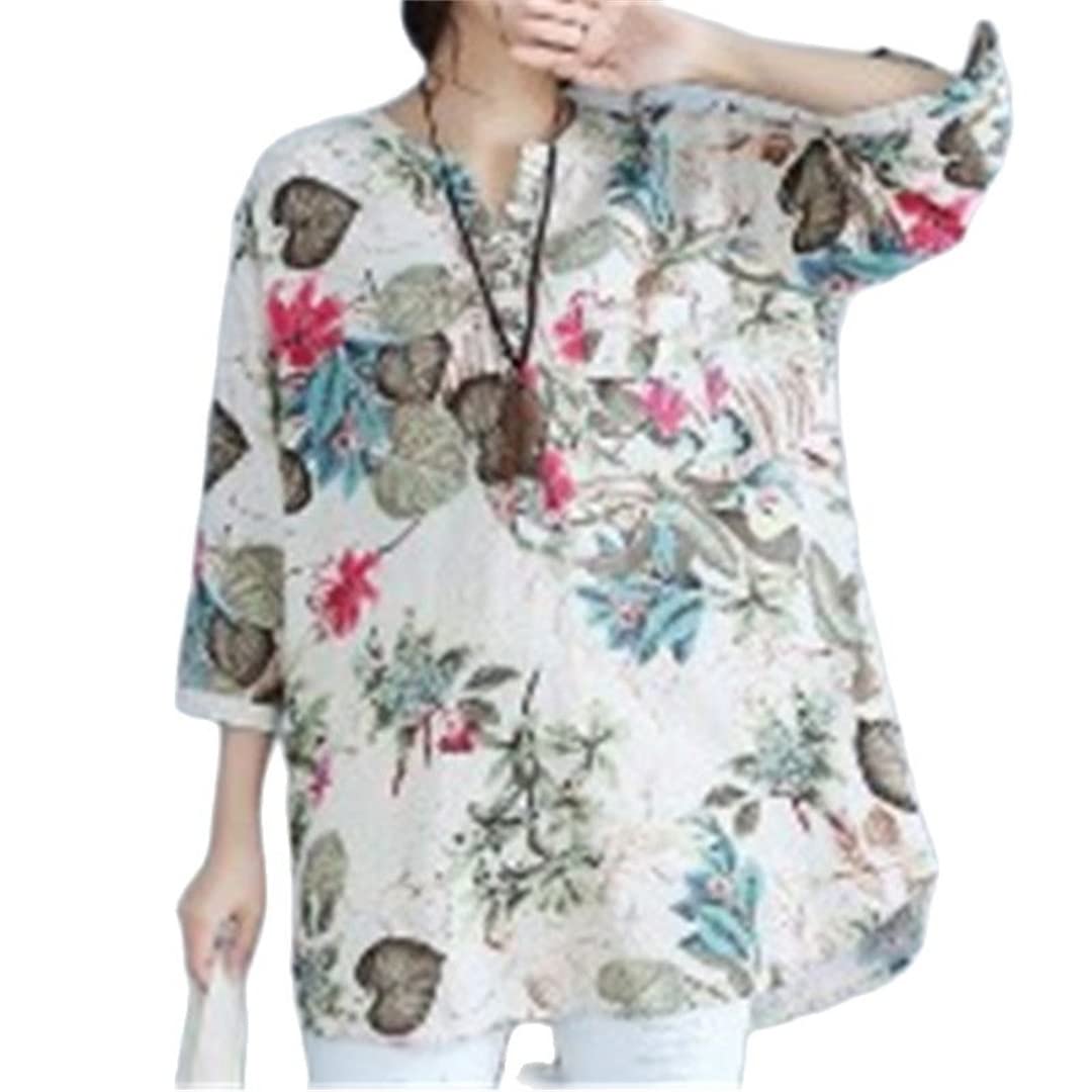 Générique Chemisier à Manches 3/4 à col en V pour Femmes Chemises Fines en Coton et Lin à Fleurs Tunique Longue décontractée avec Poche