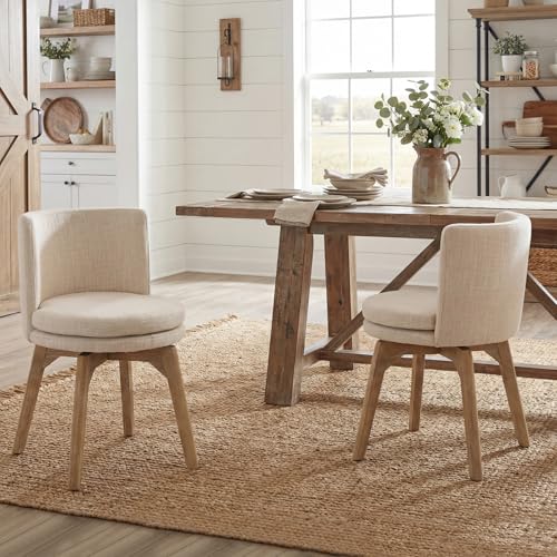 DM Furniture Swivel Dining Chairs Set of 2 360 Rotating Kitchen Chairs with Solid Rubber Wood Legs Upholstered Barrel Back Dining Room Seating for Modern Home/Kitchen - Beige Linen