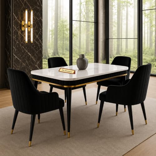 Image of 4-Seater Modern Wooden Dining Table Set | 1 Year Warranty | Created Italian Statuario Marble Top | Elegant Composite Marble Table with 4 Chairs (Black)
