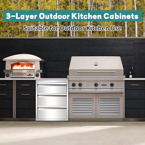Image of Outdoor Kitchen Drawers 14 inch W x 21 inch H x 23 inch D Stainless Steel Drawer BBQ Triple Drawers with Hidden Handle for Outdoor Kitchen Island, Patio Grill Station