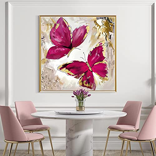 Peinture sur toile décoration salon affiche rose rouge et papillons - 3