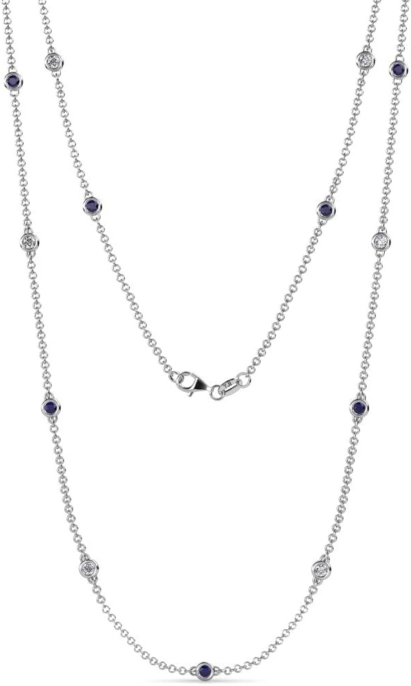 TriJewels 13 Station Blue Sapphire & Natural Diamond Cable Necklace 0.85 ctw 14K White Gold. Included 18 Inches Gold Chain.